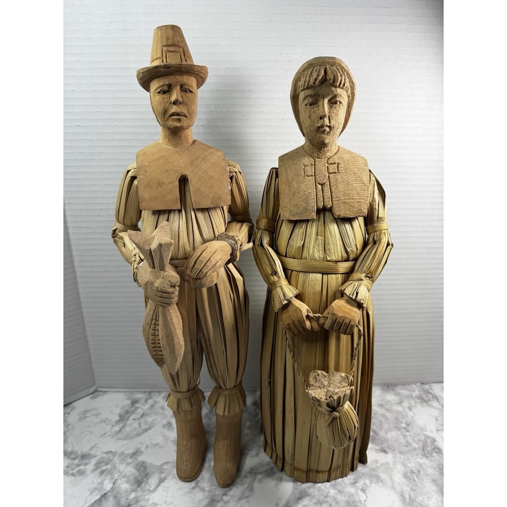 Thanksgiving Pilgrims Set Of 2 Carved Corn Husk Figures 16" & 17" Tall Folk Art